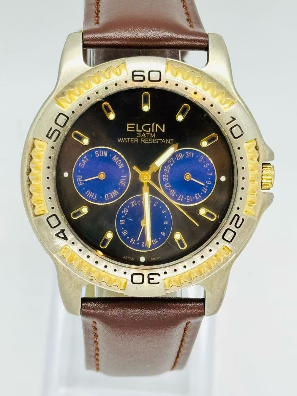 Vintage Elgin Men’s Quartz Watch 36mm Black Dial Blue Subdials New Battery Runs
